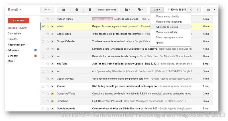 Como funciona o processo de transformar ou promover uma mensagem recebida no Gmail numa atividade do Google Tasks.