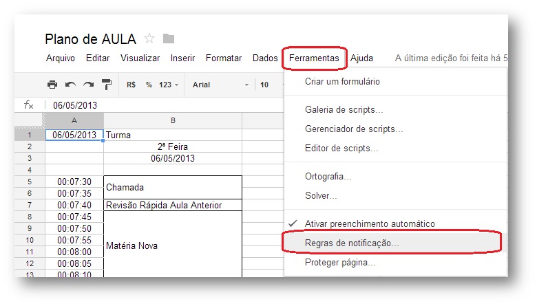Como ativar Regras de Notificação no Google Spreadsheet