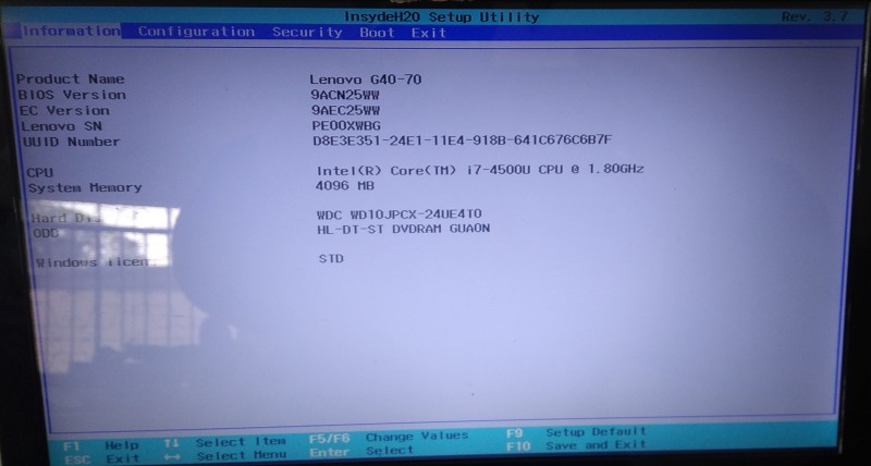 Tela da BIOS em notebook Lenovo