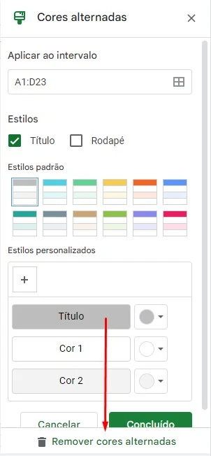 Remover cores alternadas em planilha Google